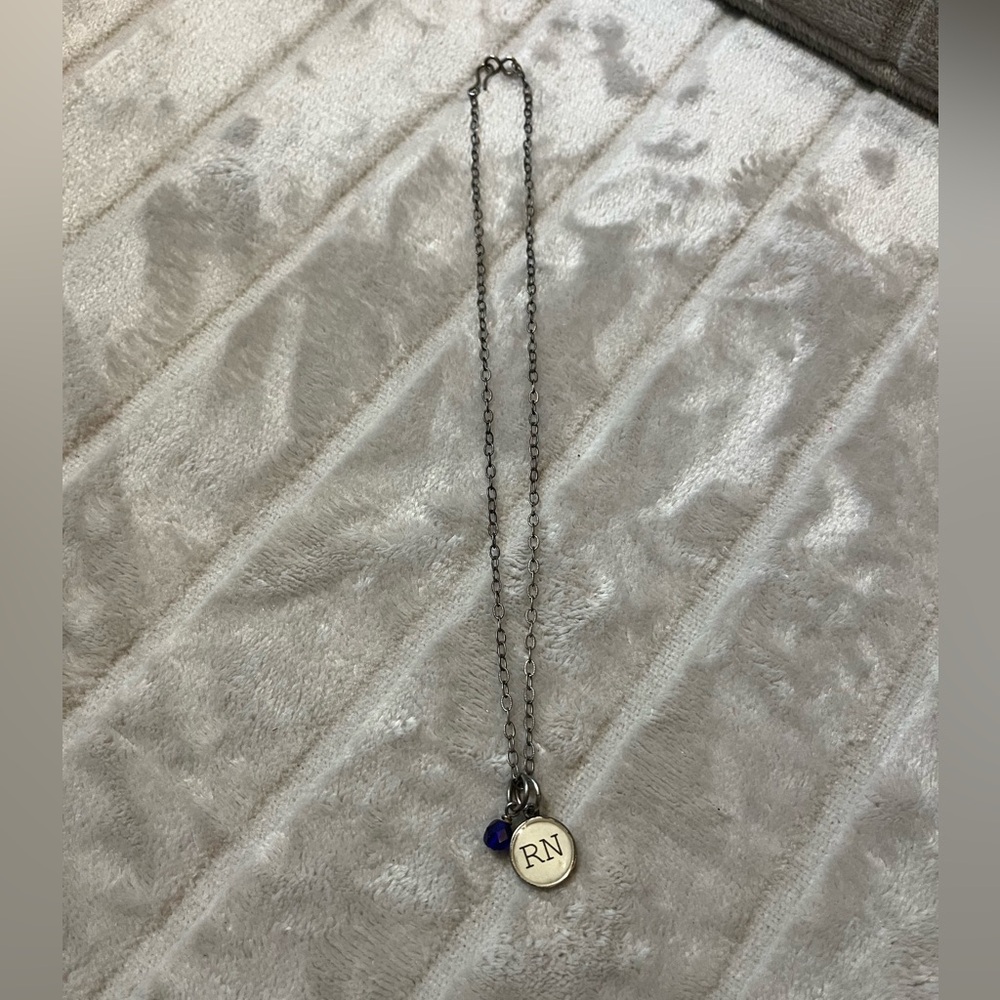 18” Chain Necklace with RN charm and blue faux sapphire bead